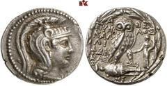 GRIECHISCHE MÜNZEN ATTICA. ATHEN. AR-Tetradrachme, Metageitnion (= August/September) 108 v. Chr.; 16,72 g. Athenakopf r. mit attischem Helm//In Kranz: Eule auf Amphore mit Β v. v., r. steht Tyche l. T
