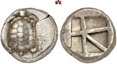 GRIECHISCHE MÜNZEN AEGINA. AEGINA. AR-Stater, 445/430 v. Chr.; 12,39 g. Landschildkröte//Fünffach geteiltes Incusum. Hoover 437; SNG Delepierre 1535. R Sehr schön-vorzüglich
