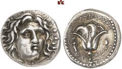 GRIECHISCHE MÜNZEN CARIA. RHODOS. AR-Didrachme, 250/230 v. Chr., Magistrat Mnasimachos; 6,79 g. Helioskopf fast v. v.//Rose, l. steht Athena. Ashton, The Coinage of Rhodes 208; SNG Keckman 537. Vorzüg