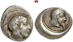 GRIECHISCHE MÜNZEN LYCIA. Kherei. AR-Stater, 430/410 v. Chr., unbestimmte Münzstätte (Pinara?); 8,50 g. Athenakopf r. mit attischem Helm//In rundem Incusum: Kopf r. mit Kyrbasia. Müseler VI, 58. RR Vo