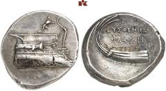 GRIECHISCHE MÜNZEN LYCIA. PHASELIS. AR-Stater, um 250/220 v. Chr., Magistrat Eusthenes; 10,25 g. Prora r.//Schiffsheck l. Heipp-Tamer 136.3 (dies Exemplar). Herrliche Patina, Graffito auf dem Avers, f