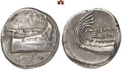 GRIECHISCHE MÜNZEN LYCIA. PHASELIS. AR-Stater, um 250/220 v. Chr., Magistrat Teisandros; 10,07 g. Prora r.//Schiffsheck l. Heipp-Tamer - (V 25/R -). Feine Tönung, verbrauchter Aversstempel, sehr schön