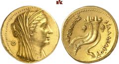 GRIECHISCHE MÜNZEN AEGYPTUS. Ptolemaios II., 285-246 v. Chr. - für Arsinoë II. AV-Oktodrachme (Mnaion), 254/252 v. Chr., Alexandria; 27,81 g. Kopf r. mit Diadem und Schleier, dahinter Θ//Doppelfüllhor