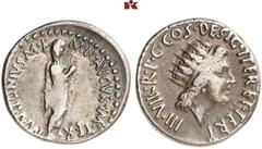 RÖMISCHE MÜNZEN IMPERATORISCHE PRÄGUNGEN. Marcus Antonius, † 30 v. Chr. AR-Denar, 38 v. Chr., Athen; 3,67 g. Marcus Antonius steht r. als Augur//Solkopf r. Bab. 80; BMC 141; Crawf. 533/2; Sear 267; Sy