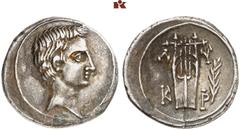 RÖMISCHE MÜNZEN MÜNZEN DER RÖMISCHEN KAISERZEIT. Augustus, 30 v.-14 n. Chr. AR-Drachme, um 27/20 v. Chr., Kragos (Lycia); 3,56 g. Kopf r.//Kithara, r. Zweig. RPC 3307. Gutes sehr schön