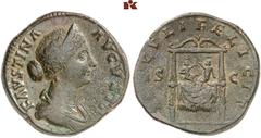 RÖMISCHE MÜNZEN MÜNZEN DER RÖMISCHEN KAISERZEIT. Antoninus II. Marcus Aurelius, 161-180. - für Faustina filia. Æ-Sesterz, 161/165, Rom; 23,58 g. Drapierte Büste r. mit Diadem//Thron, darauf die Zwilli