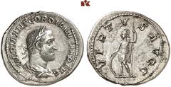 RÖMISCHE MÜNZEN MÜNZEN DER RÖMISCHEN KAISERZEIT. Gordianus II. Africanus, 238. AR-Denar, Rom; 3,07 g. Drapierte Büste r. mit Lorbeerkranz//Virtus steht l. mit Speer und Schild. BMC 30; Coh. 14; RIC 3.