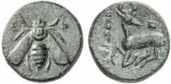 GRIECHISCHE MÜNZEN (GREEK COINS) IONIA IONIA EPHESOS. Æs, 4. Jahrhundert v. Chr., Magistrat Demostratos; 2,88 g. Biene//Hirsch kniet l., zurückblickend, oben Astragal. Head, NC 1880, -; SNG Cop. 247. 