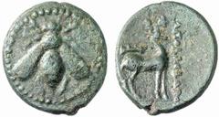 GRIECHISCHE MÜNZEN (GREEK COINS) IONIA IONIA EPHESOS. Æs, um 200 v. Chr., Magistrat Apollodoros; 3,72 g. Biene//Hirsch steht r., oben Köcher. Kinns, The Attic Weight Drachms of Ephesus: A Preliminary 