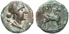 GRIECHISCHE MÜNZEN (GREEK COINS) LYCIA LYCIA BUBON. Æs, 2./1. Jahrhundert v. Chr.; 1.05 g. Drapierte Büste der Artemis r., über der Schulter Köcher//Hirsch steht r. SNG v. Aulock 4286. Sehr schön Esti