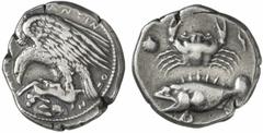 GRIECHISCHE MÜNZEN (GREEK COINS) SICILIA SICILIA AKRAGAS. AR-Tetradrachme, um 420 v. Chr.; 17.40 g. Adler l. auf Hasen//Krebs, darunter Fisch l., l. Muschel. Rizzo vergl. Tav. I, 16; Seltman, The Engr