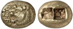 GRIECHISCHE MÜNZEN (GREEK COINS) LYDIA LYDIA Alyattes, 610-561 v. Chr. El-1/3 Stater, 610/561 v. Chr., Sardeis (?); 4.63 g. Löwenkopf l., l. Schrift//Incusum. Weidauer vergl. 96. RR Sehr schön Die Leg
