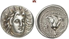 DIE SAMMLUNG DR. W.R., TEIL 4 ASIA MINOR UND CYPRUS (SLG. DR. W. R.: ROMA UNIVERSA, GRIECHEN III). CARIA. RHODOS. AR-Didrachme, 250/230 v. Chr., Magistrat Agesidamos; 6,74 g. Helioskopf fast v. v.//Ro