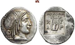 DIE SAMMLUNG DR. W.R., TEIL 4 ASIA MINOR UND CYPRUS (SLG. DR. W. R.: ROMA UNIVERSA, GRIECHEN III). LYCIA. KRAGOS. AR-Hemidrachme, 48/18 v. Chr.; 1,88 g. Apollokopf r. mit Taenie//In Incusum: Lyra. Müs