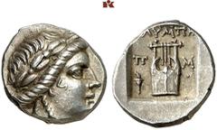 DIE SAMMLUNG DR. W.R., TEIL 4 ASIA MINOR UND CYPRUS (SLG. DR. W. R.: ROMA UNIVERSA, GRIECHEN III). LYCIA. OLYMPOS. AR-Drachme, 167/81 v. Chr.; 2,69 g. Apollokopf r. mit Lorbeerkranz//In Incusum: Kitha