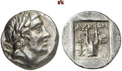 DIE SAMMLUNG DR. W.R., TEIL 4 ASIA MINOR UND CYPRUS (SLG. DR. W. R.: ROMA UNIVERSA, GRIECHEN III). LYCIA. PHELLOS. AR-Drachme, 167/81 v. Chr.; 2,67 g. Apollokopf r. mit Lorbeerkranz//In Incusum: Kitha