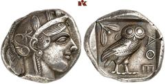 GRIECHISCHE MÜNZEN ATTICA. ATHEN. AR-Tetradrachme, um 440/420 v. Chr.; 17,13 g. Athenakopf r. mit attischem Helm//In Incusum: Eule r., dahinter Olivenzweig und Mondsichel. Flament Gruppe II. Gutes seh
