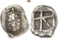 GRIECHISCHE MÜNZEN AEGINA. AEGINA. AR-Stater, 445/430 v. Chr.; 12,29 g. Landschildkröte//Fünffach geteiltes Incusum. Hoover 437; SNG Delepierre 1535. R Prüfpunze, gutes sehr schön Exemplar der Auktion