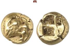 GRIECHISCHE MÜNZEN MYSIA. KYZIKOS. El-1/12 Stater, 550/500 v. Chr.; 1,35 g. Bärenkopf r. mit Thunfisch im Maul//Viergeteiltes Incusum. SNG France -; v. Fritze 34. Sehr schön Kyzikos beherrschte zusamm