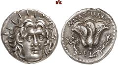 GRIECHISCHE MÜNZEN CARIA. RHODOS. AR-Didrachme, 250/230 v. Chr., Magistrat Mnasimachos; 6,69 g. Helioskopf fast v. v.//Rose, l. steht Athena. Ashton, The Coinage of Rhodes 208; SNG Keckman 537. Sehr s