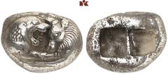 GRIECHISCHE MÜNZEN LYDIA. Kroisos, 561-546 v. Chr. AR-Stater, Sardeis; 10,65 g. Löwen- und Stierprotome einander gegenüber// Zwei Incusa. SNG v. Aulock 2873. Feine Tönung, gutes sehr schön Kroisos, de