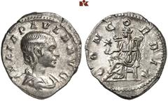 RÖMISCHE MÜNZEN MÜNZEN DER RÖMISCHEN KAISERZEIT. Antoninus IV. Elagabal, 218-222. - für Julia Paula. AR-Denar, Rom; 2,61 g. Drapierte Büste r.//Concordia sitzt l. mit Patera, davor Stern. BMC 172; Coh