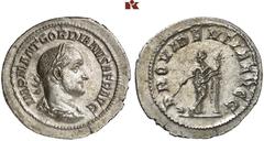 RÖMISCHE MÜNZEN MÜNZEN DER RÖMISCHEN KAISERZEIT. Gordianus II. Africanus, 238. AR-Denar, Rom; 2,70 g. Drapierte Büste r. mit Lorbeerkranz// Providentia steht l. mit Stab und Füllhorn an Säule gelehnt,