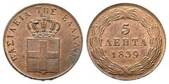 EUROPÄISCHE MÜNZEN UND MEDAILLEN GRIECHENLAND, Otto I., 1832-1862. Ku.-5 Lepta 1839, Athen. 6,54 g. Divo 21 f; Karamitsos 60. Sehr selten in dieser Erhaltung. Prachtexemplar. Kl. Grünspanfleck, Stempe