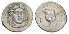 MEDAILLEN BECKERSCHE FÄLSCHUNGEN, GRIECHISCHE MÜNZEN RHODOS Didrachme; 5,06 g. Helioskopf fast v. v.//Rose, l. Bucranium. Ashton, The Coinage of Rhodes zu 337; Hill, Becker 103. Sehr schön-vorzüglich 