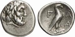 GRIECHISCHE MÜNZEN (GREEK COINS) PELOPONNESUS ELIS. OLYMPIA. AR-Hemidrachme, um 255 v. Chr.; 2.30 g. Zeuskopf r. mit Lorbeerkranz//Adler steht r. auf Kapitell. BMC 138; Slg. BCD 225 (dies Exemplar). V