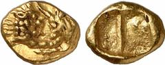 GRIECHISCHE MÜNZEN (GREEK COINS) LYDIA Kroisos, 561-546 v. Chr. AV-1/12 Stater (leichter Standard) Sardeis; 0.60 g. Löwen- und Stierprotome einander gegenüber//Incusum. SNG München 9. RR Gutes sehr sc