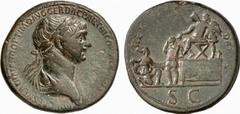 RÖMISCHE MÜNZEN (ROMAN COINS) MÜNZEN DER RÖMISCHEN KAISERZEIT Traianus, 98-117. Æ-Sesterz, 116/117, Rom; 26.04 g. Drapierte Büste r. mit Lorbeerkranz//Traian sitzt l. auf Plattform und bekränzt Partha