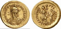 RÖMISCHE MÜNZEN (ROMAN COINS) MÜNZEN DER RÖMISCHEN KAISERZEIT Theodosius II., 408-450. AV-Solidus, 425, Constantinopolis; 4.44 g. Gepanzerte Büste v. v. mit Helm, Speer und Schild//Theodosius sitzt v.