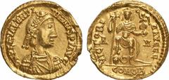 RÖMISCHE MÜNZEN (ROMAN COINS) MÜNZEN DER RÖMISCHEN KAISERZEIT Valentinianus III., 425-455. AV-Solidus, 440/455, Rom; 4.43 g. Drapierte Büste r. mit Rosettendiadem//Kaiser steht v. v. mit Langkreuz und
