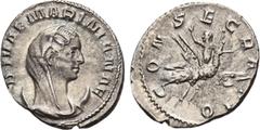 ROMAN COINS ROMAN COINS MÜNZEN DER RÖMISCHEN KAISERZEIT Valerianus, 253-260 für Diva Mariniana. AR-Antoninian, Viminacium; 3,11 g. Drapierte Büste r. mit Schleier auf Mondsichel//Pfau fliegt r. mit Di