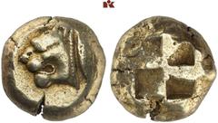 GRIECHISCHE MÜNZEN MYSIA. KYZIKOS. El-Stater, 550/500 v. Chr..; 16,13 g. Löwenkopf l., dahinter Thunfisch//Viergeteiltes Incusum. SNG France 178; v. Fritze 39. R Sehr schön Bei einem attischen Komödie