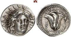 GRIECHISCHE MÜNZEN CARIA. RHODOS. AR-Tetradrachme, 230/205 v. Chr.., Magistrat Eukrates; 13,38 g. Helioskopf fast v. v.//Rose, l. Blitz. Ashton, The Coinage of Rhodes 214; Hoover 1432. Sehr schön Erwo