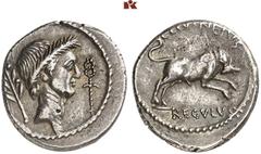 RÖMISCHE MÜNZEN IMPERATORISCHE PRÄGUNGEN. C. Julius Caesar, † 44 v. Chr. AR-Denar, posthum, 42 v. Chr.., Rom, L. Livineius Regulus; 3,85 g. Kopf Caesars r. mit Kranz, dahinter Lorbeerzweig, davor Cadu