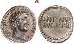 RÖMISCHE MÜNZEN IMPERATORISCHE PRÄGUNGEN. Marcus Antonius, † 30 v. Chr. AR-Denar, 32 v. Chr.., Athen; 3,69 g. Kopf r.//ANTONIVS/AVG IMP III. Bab. 96; BMC 177; Crawf. 542/2; Sear 347; Syd. 1209. Feiner