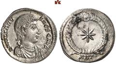 RÖMISCHE MÜNZEN MÜNZEN DER RÖMISCHEN KAISERZEIT. Constantius II., 337-361. - für Julianus II. Apostata. AR-Siliqua, 355/361, Antiochia; 2,10 g. Drapierte Büste r.//In Kranz: Achtstrahliger Stern. RIC 