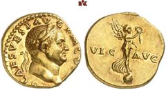 THE SAMEL COLLECTION OF JEWISH COINS AND OBJECTS, PART 2 COINS OF THE ROMAN EMPIRE REFERRING TO JUDAEA. Vespasian, 69-79. AV-Aureus, 72/73, Rome; 7,42 g. IMP CAES VESP AVG P M COS [IIII] laureate bust