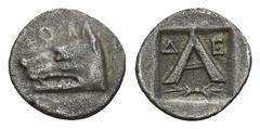 GREEK COINS PELOPONNESUS ARGOLIS. ARGOS. AR-Obol, um 270/250 v. Chr.; 0,68 g. Wolfskopf l.//In Incusum: A, unten Blitz. Hoover 681; Slg. BCD 1107. Feine Tönung auf rauer Oberfläche, gutes sehr schön E