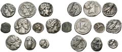GREEK COINS LOTS Lot griechischer Münzen: Enthalten sind sechs Tetradrachmen (Leontinoi, 2x Sikulopunier, 3x Athen); ein aeginetischer Stater, eine Drachme von Athen, ein Tetrobol von Massalia und ein