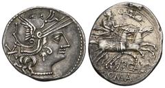 ROMAN COINS MÜNZEN DER RÖMISCHEN REPUBLIK AR-Denar, 133 v. Chr., Rom, P. Calpurnius; 3,86 g. Romakopf r. mit geflügeltem Helm, dahinter Stern//Göttin in Biga r., von Nike bekränzt, auf der Flanke eine