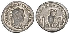 ROMAN COINS MÜNZEN DER RÖMISCHEN KAISERZEIT Traianus Decius, 249-251 für Herennius Etruscus. AR-Antoninian, 250/251, Rom; 4,56 g. Drapierte Büste r. mit Strahlenbinde//Priestergeräte. Coh. 14; RIC 143