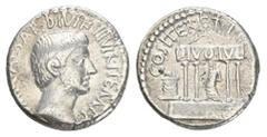 ROMAN COINS IMPERATORISCHE PRÄGUNGEN Octavianus. AR-Denar, 36 v. Chr., italische Münzstätte; 3,92 g. Kopf r.//Viersäuliger Tempel des Divus Julius, darin Statue des Divus Julius, im Pediment Komet (si