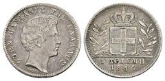EUROPEAN COINS AND MEDALS GREECE Otto I., 1832-1862. 1 Drachme 1846, Athen. 4,45 g. Divo 12 f. Von großer Seltenheit. Sehr schön