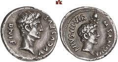 ÄGYPTEN UND ROM MÜNZEN DER RÖMISCHEN KAISERZEIT. Augustus, 30 v.-14 n. Chr. - und Divus Julius Caesar. AR-Denar, 17 v. Chr., Rom, M. Sanquinius; 3,69 g. Kopf r.//Kopf des Divus Julius Caesar r. mit Lo