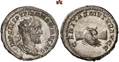 ÄGYPTEN UND ROM MÜNZEN DER RÖMISCHEN KAISERZEIT. Pupienus, 238. AR-Antoninian, Rom; 5,22 g. Drapierte Büste r. mit Strahlenbinde//Handschlag. BMC 87; Coh. 3; RIC 10 b. Fast vorzüglich Erworben im Juli