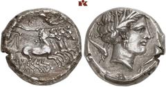 MÜNZEN DER ANTIKEN WELT AUS VERSCHIEDENEM BESITZ GRIECHISCHE MÜNZEN. SICILIA. PUNIER AR-Tetradrachme, 350/300 v. Chr., Rasch Melqart; 17,10 g. Quadriga r., Nike bekränzt Lenker//Weiblicher Kopf r. von